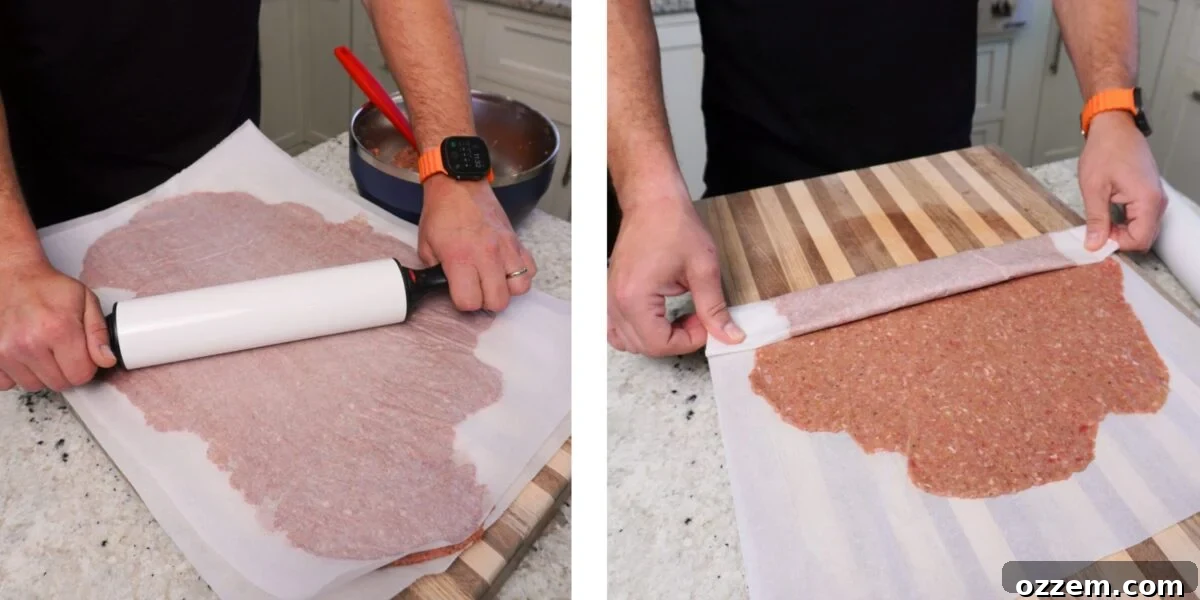 A two-step visual demonstration showing how to flatten ground beef mixture between two sheets of parchment paper using a rolling pin.