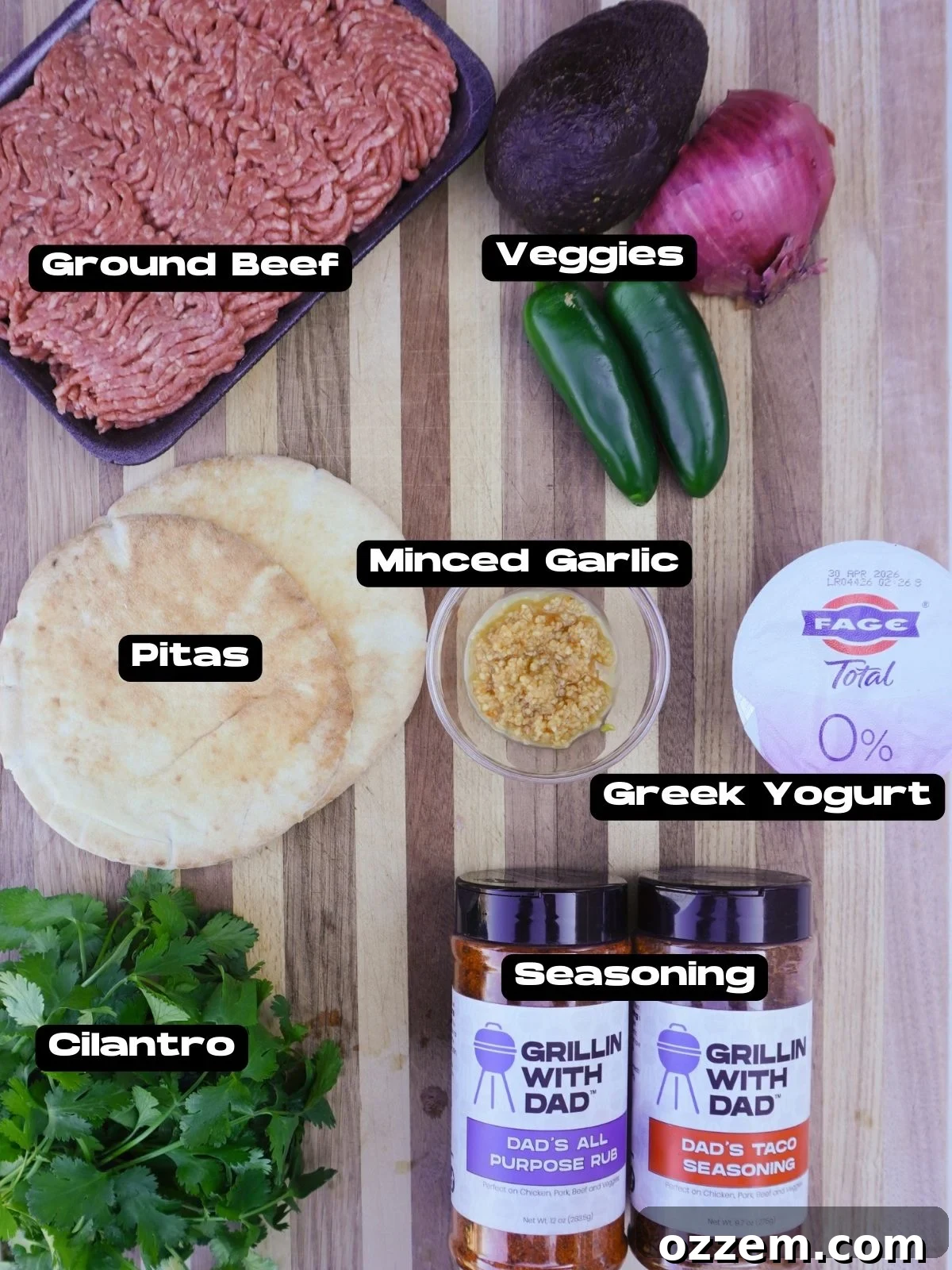 A selection of fresh ingredients including ground beef, pita bread, jalapenos, and cilantro for making Grilled Beef Arayes.