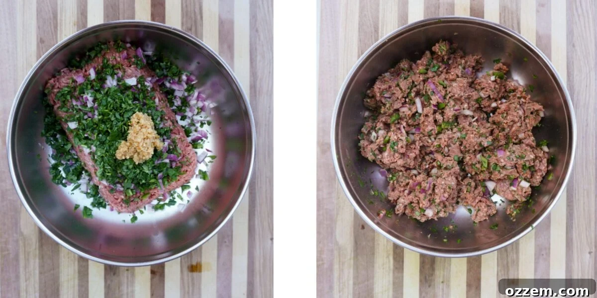 A bowl of seasoned ground beef mixture with chopped vegetables, ready for stuffing.