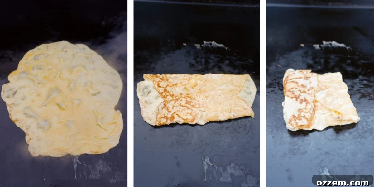 Step-by-step illustration showing how to cook fluffy square eggs for breakfast sandwiches.