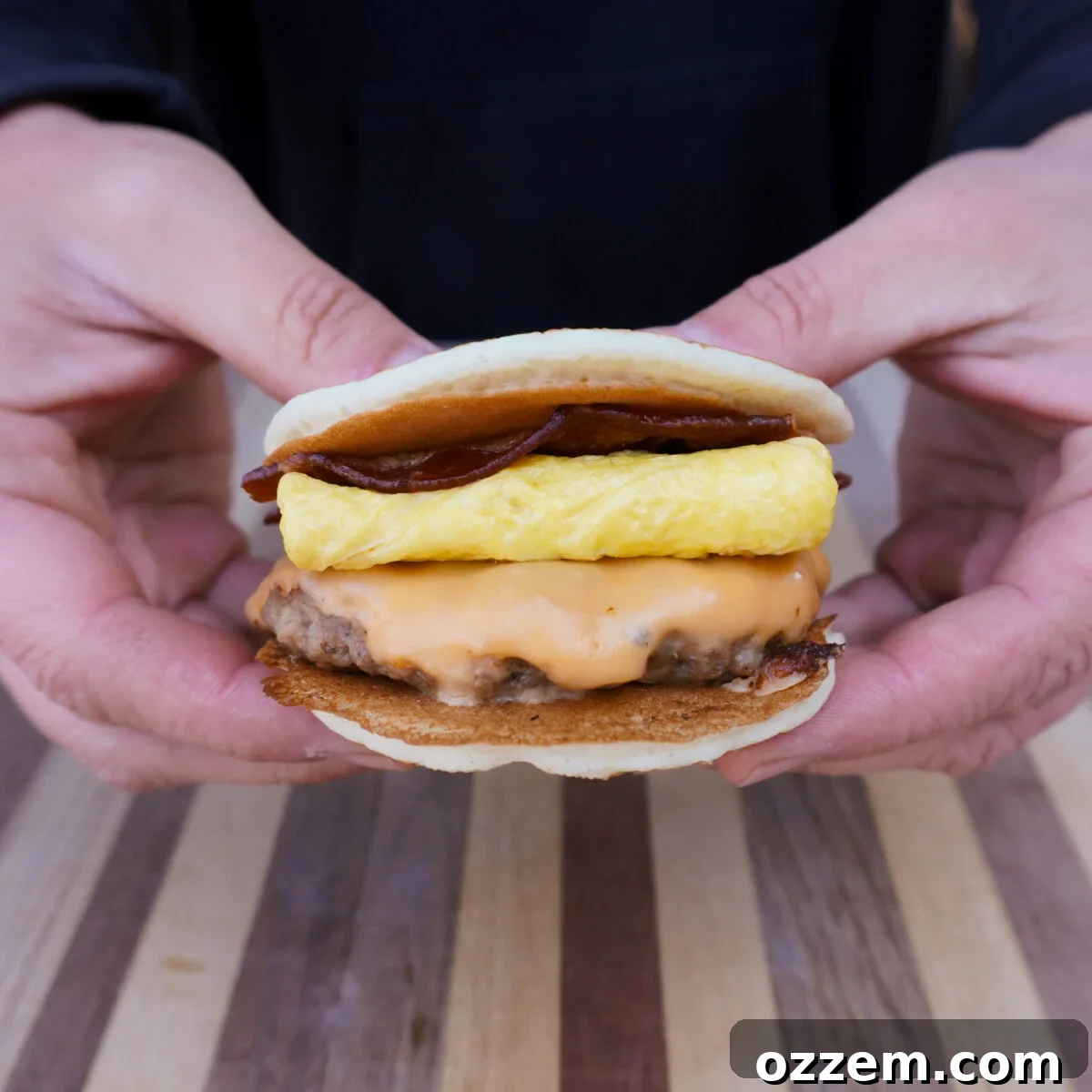 A perfectly assembled homemade McGriddle sandwich, ready to be enjoyed.