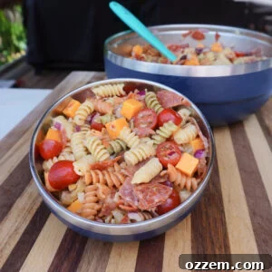 Chicago-Style Pasta Salad with Italian Sausage & Peppers 9 Chicago Style Pasta Salad in bowl.