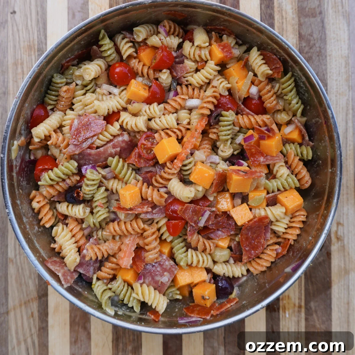 Chicago-Style Pasta Salad with Italian Sausage & Peppers 6 chopped and cubed Chicago Style Pasta Salad ingredients.