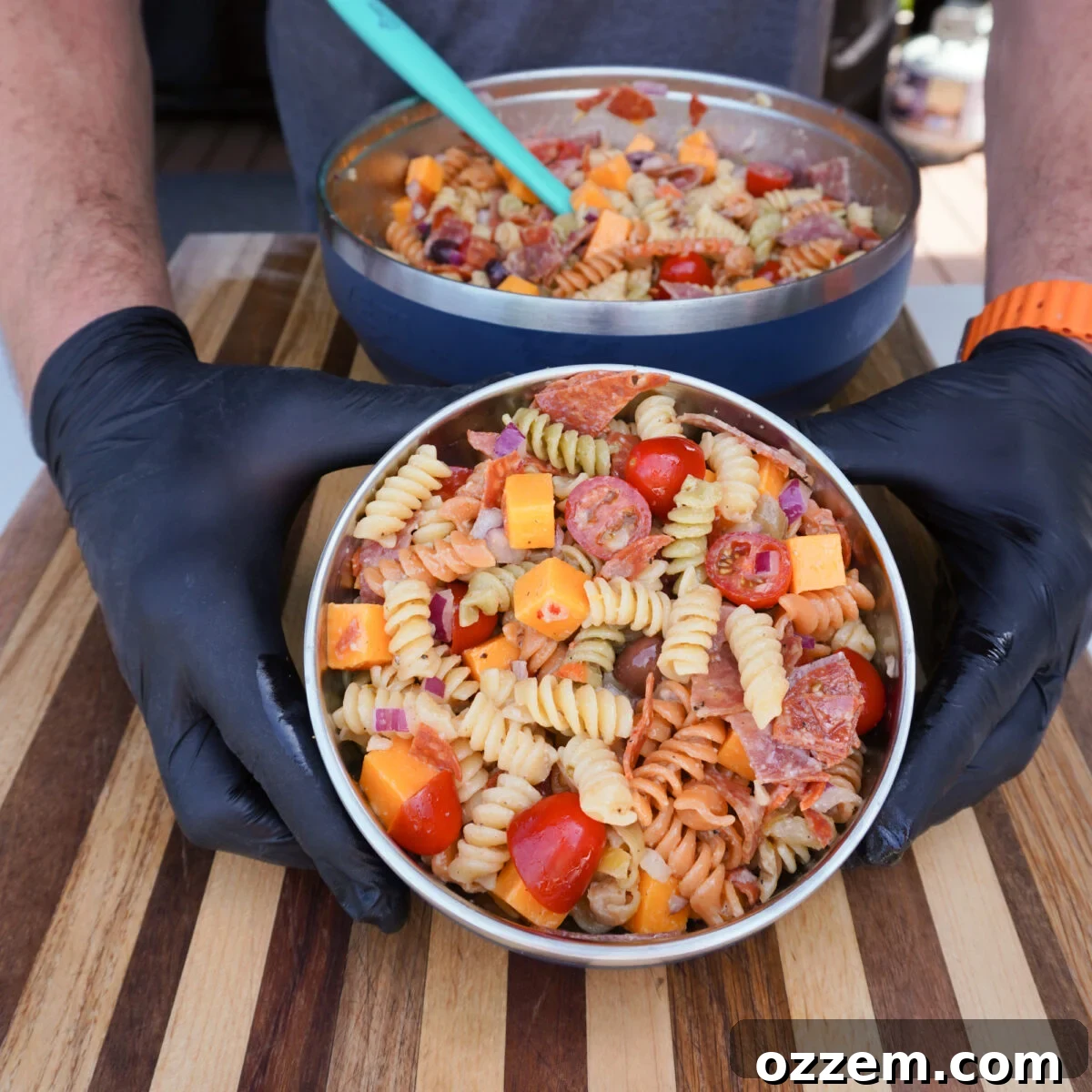 Chicago-Style Pasta Salad with Italian Sausage & Peppers 7 Chicago Style Pasta Salad presented.