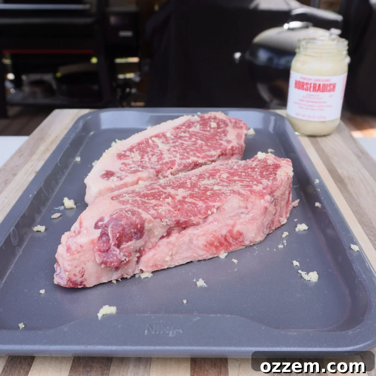 Steak Salad with Creamy Horseradish Dressing and Arugula 4 New York strip covered in fresh ground horseradish.