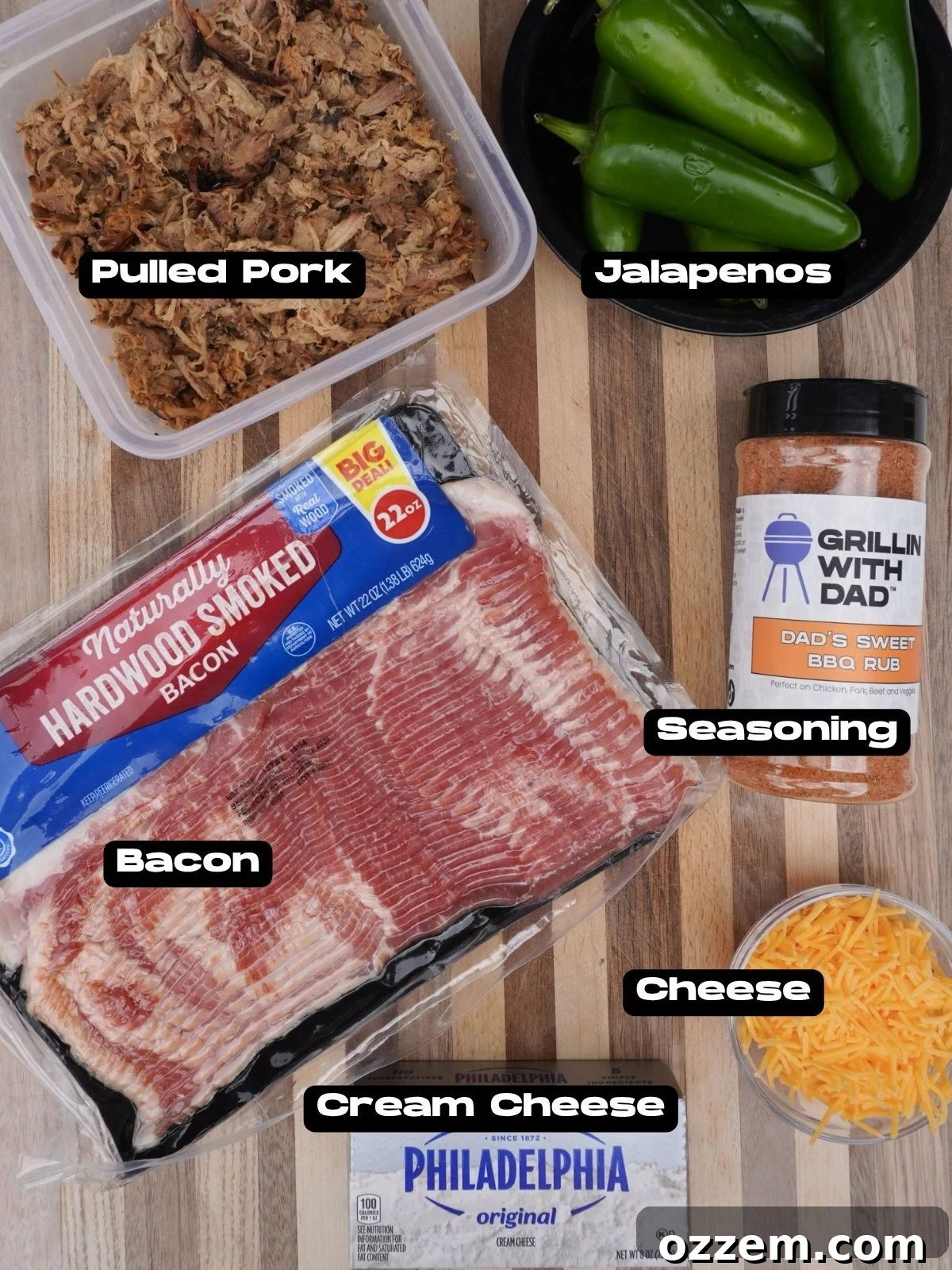 Pulled Pork-Stuffed Jalapeño Poppers: Smoky, Cheesy Bites 3 Ingredients needed to make pulled pork jalapeno poppers.