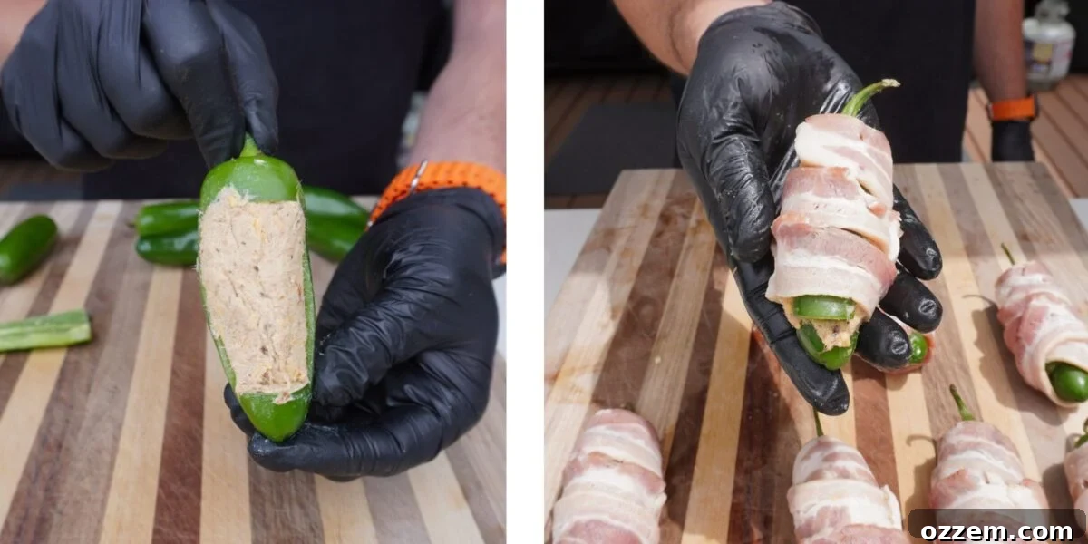 Pulled Pork-Stuffed Jalapeño Poppers: Smoky, Cheesy Bites 6 Stuffed and wrapped jalapeno poppers.