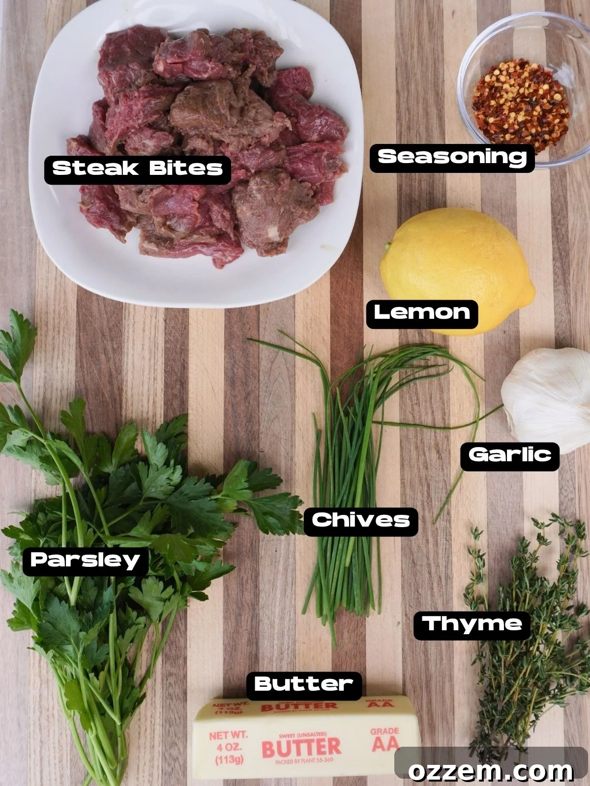 Ingredients needed to make cowboy butter steak bites.