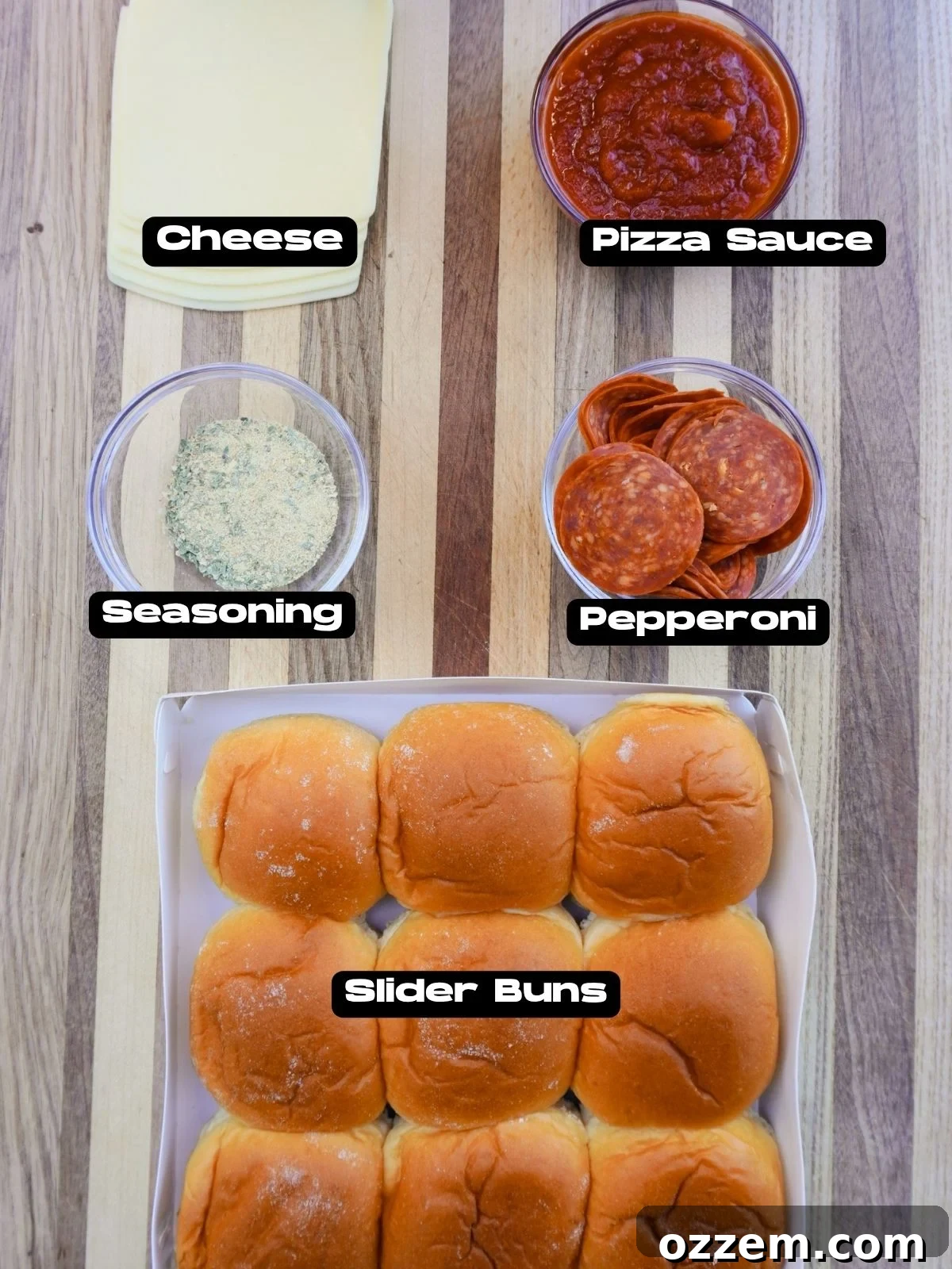 Ingredients needed to make Grilled Pizza Sliders.