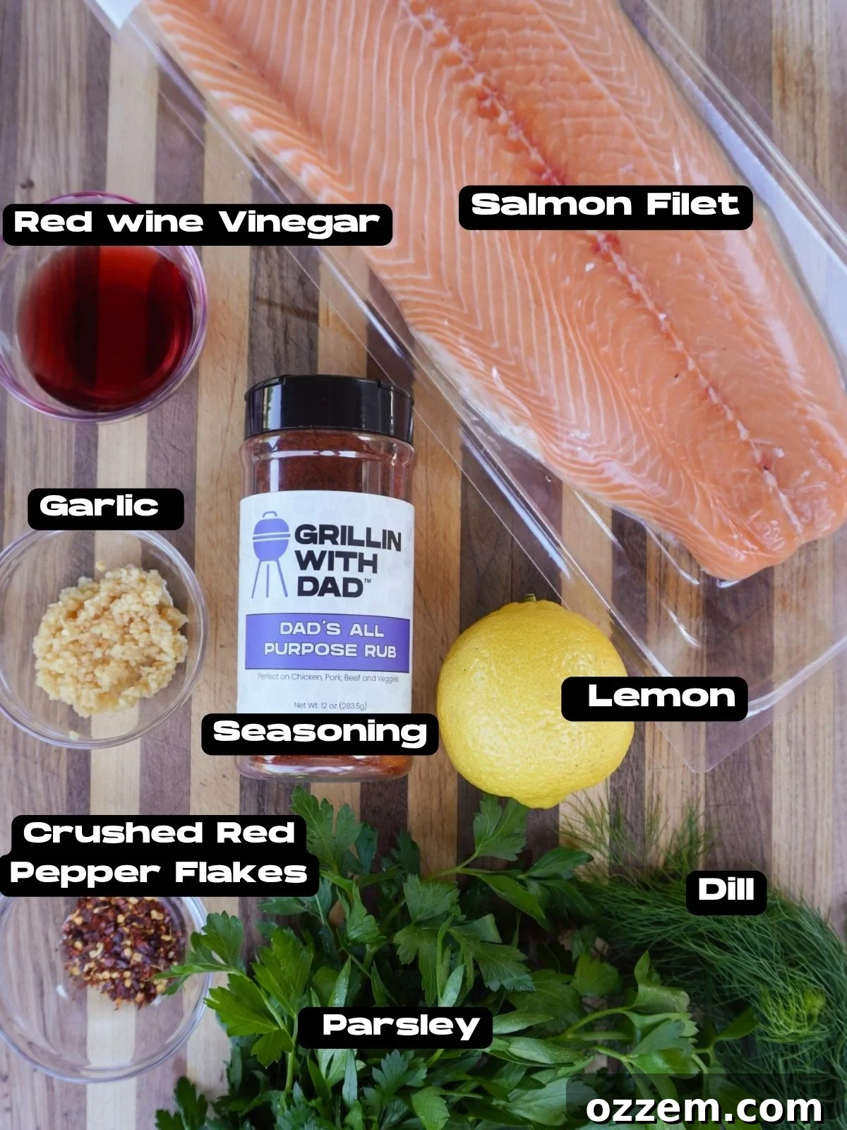 Ingredients for a smoked salmon with dill chimichurri.