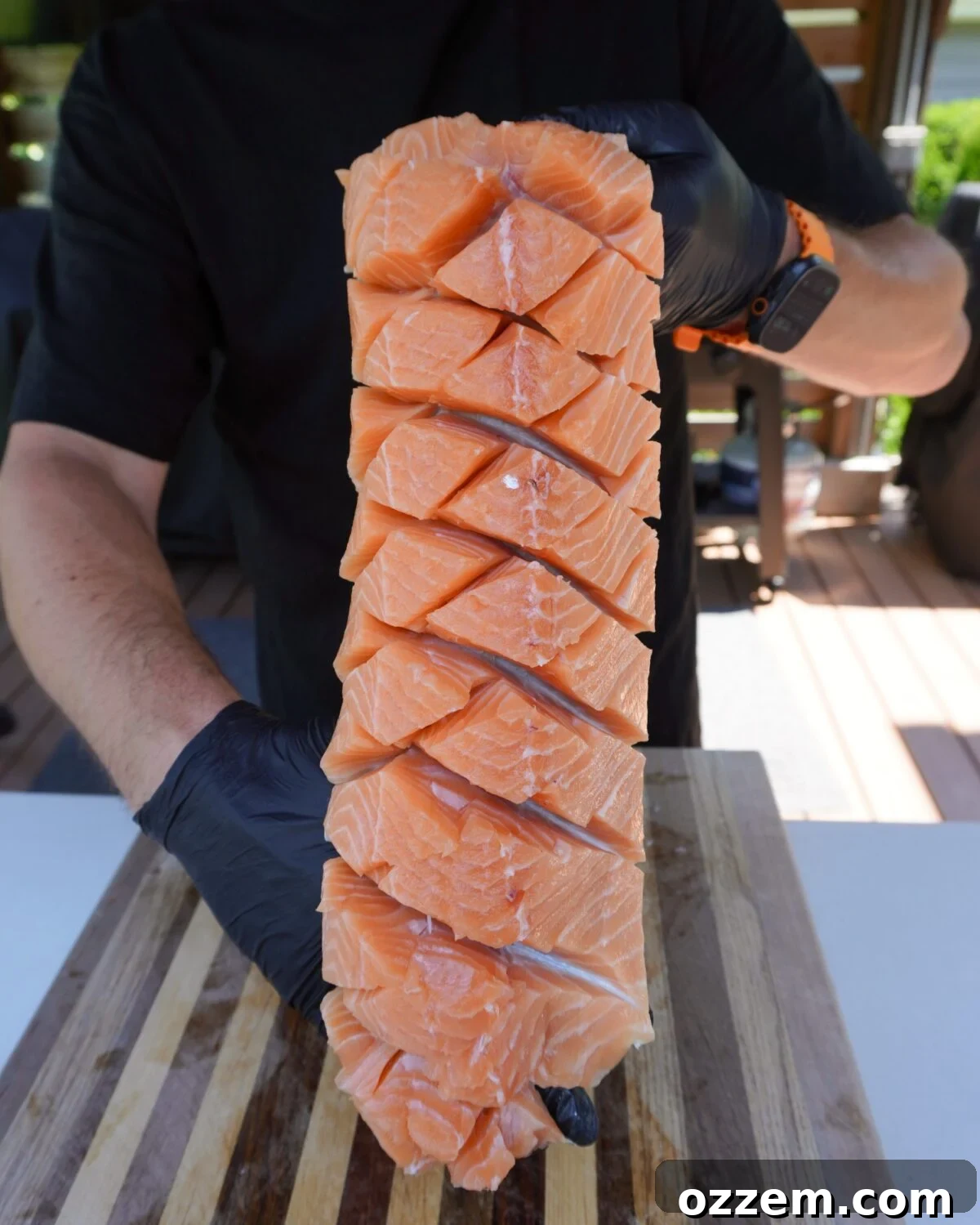 raw salmon in a cross hatch pattern.