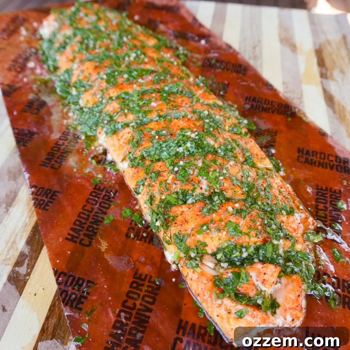 Smoked Salmon with Dill Chimichurri on butcher paper.