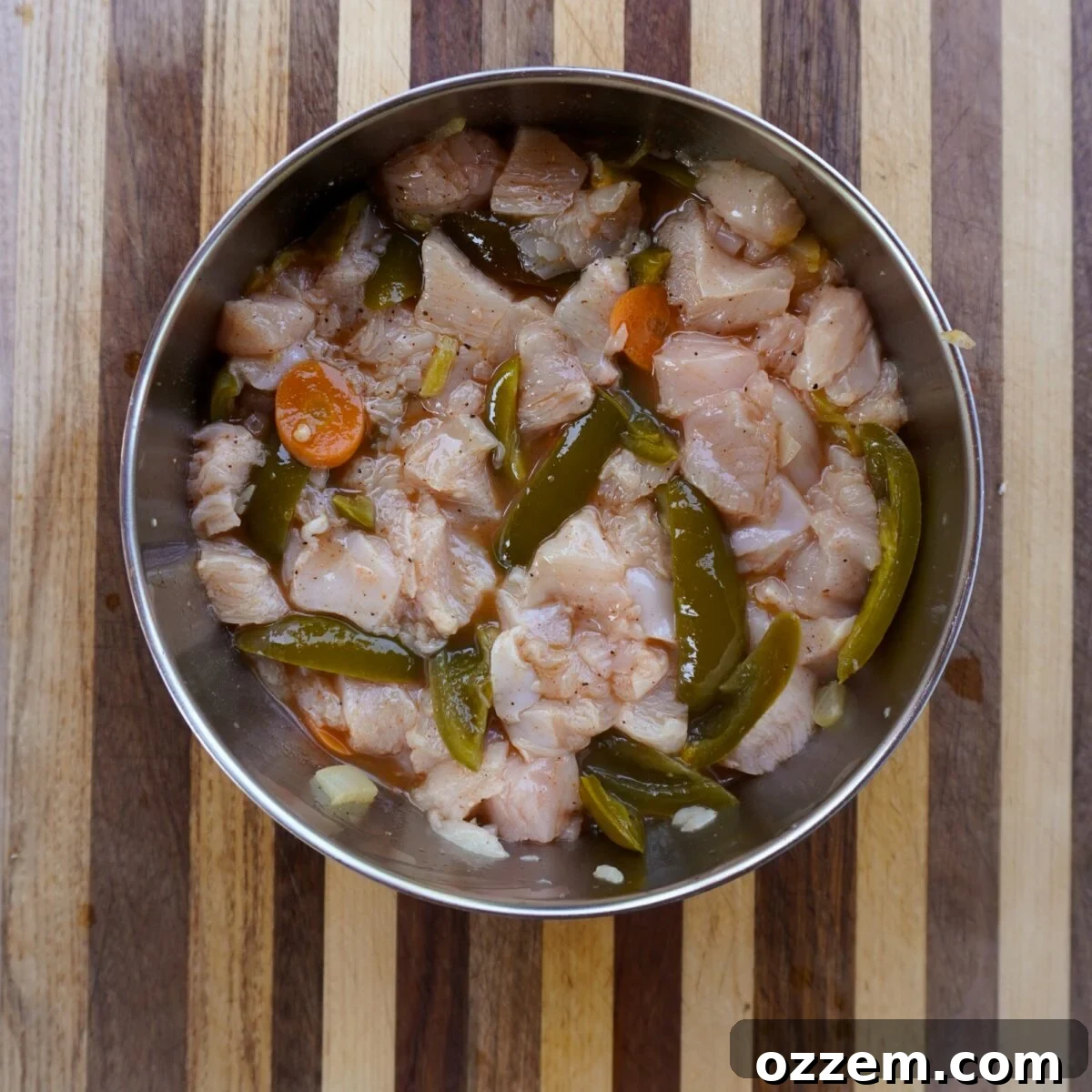 jalapeno brine with cubed chicken inside.