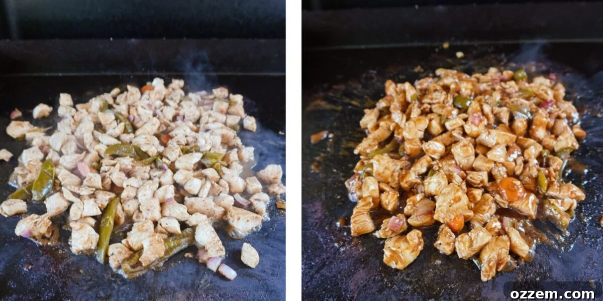 chopped chicken on the griddle.