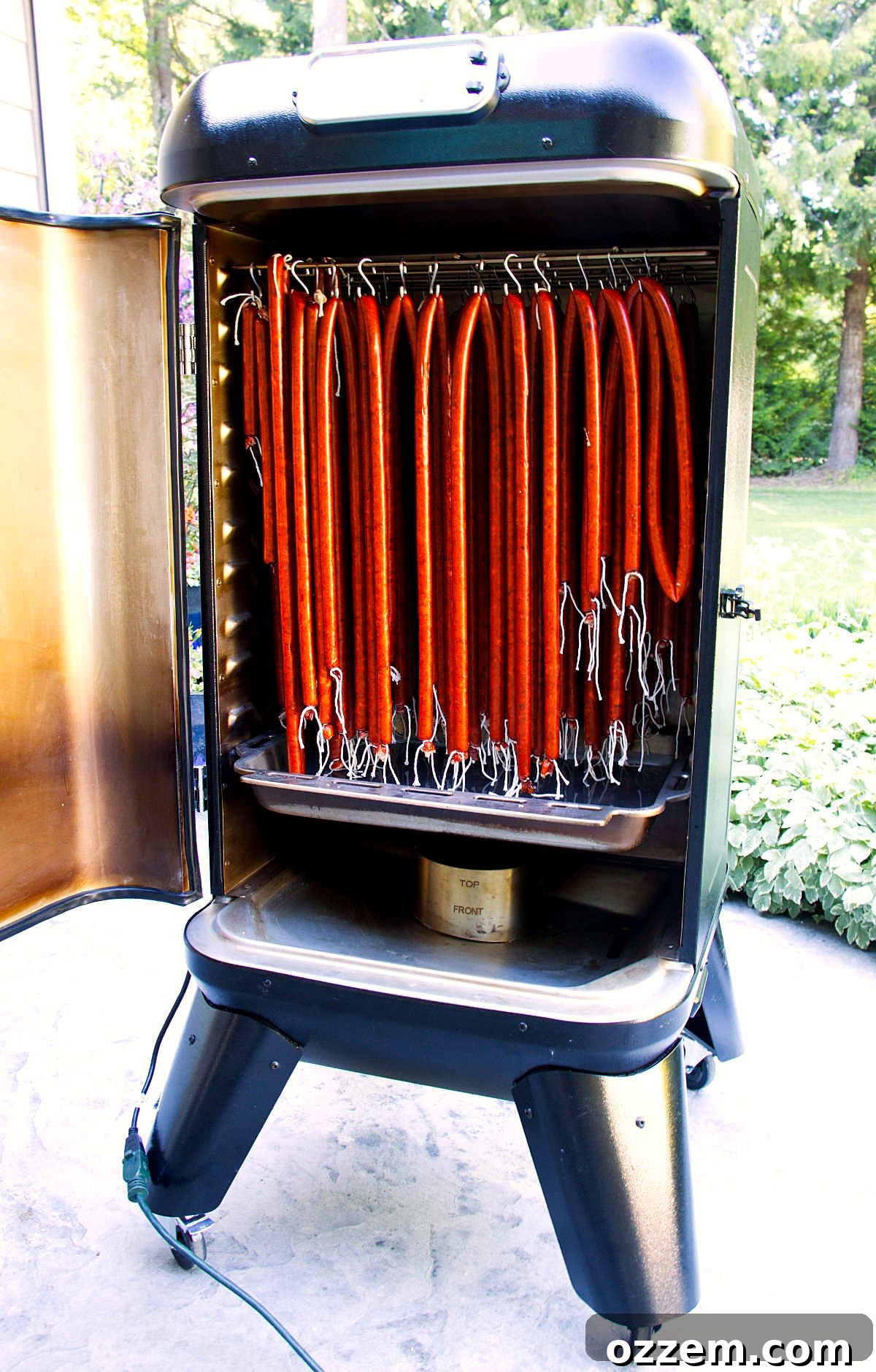 Spicy Jalapeño Cheddar Venison Snack Sticks Recipe 3 Venison snack sticks hanging on hooks in a vertical smoker.