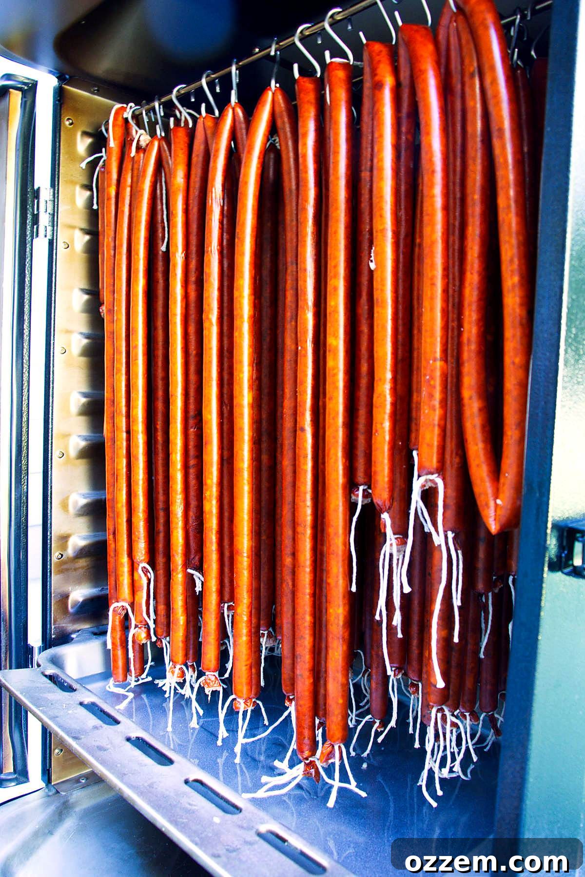 Spicy Jalapeño Cheddar Venison Snack Sticks Recipe 7 Hanging snack sticks in a tall vertical smoker.
