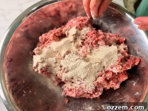 Spicy Jalapeño Cheddar Venison Snack Sticks Recipe 10 Adding dry ingredients to meat for venison snack sticks in a large mixing bowl.