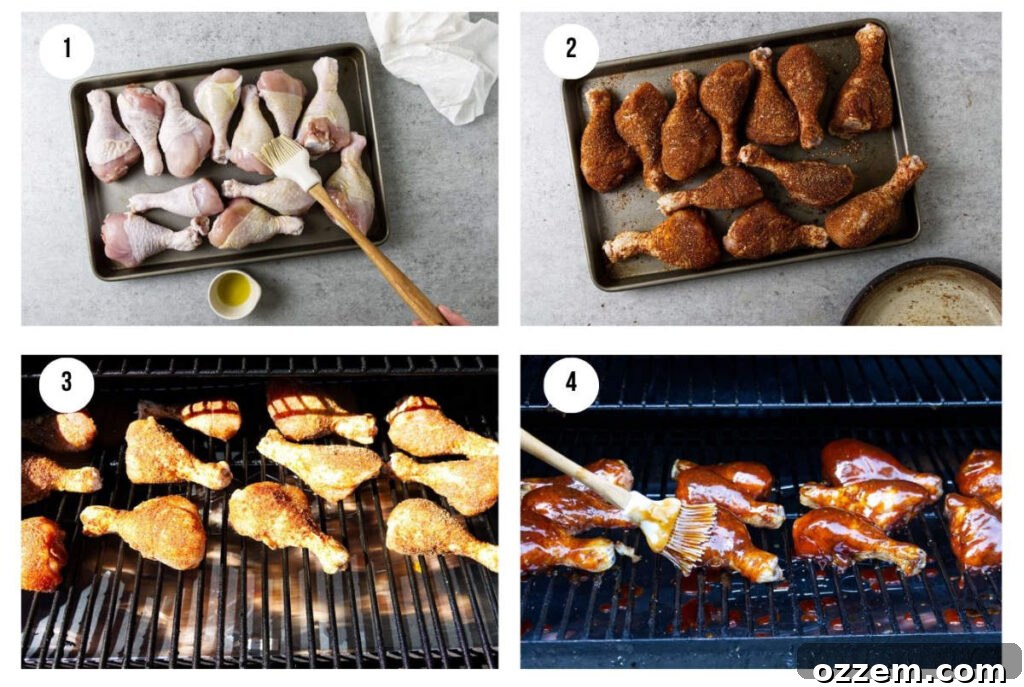 Smoked Chicken Drumsticks Recipe for Tender, Smoky Flavor 4 Four photos showing how to make smoked chicken legs on the traeger.