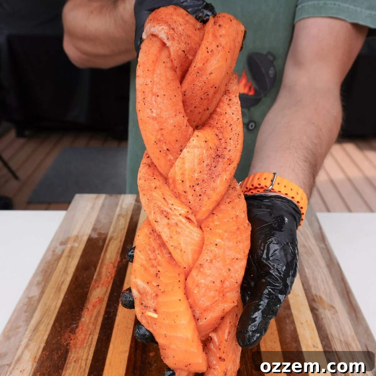 Seasoned and braided salmon.