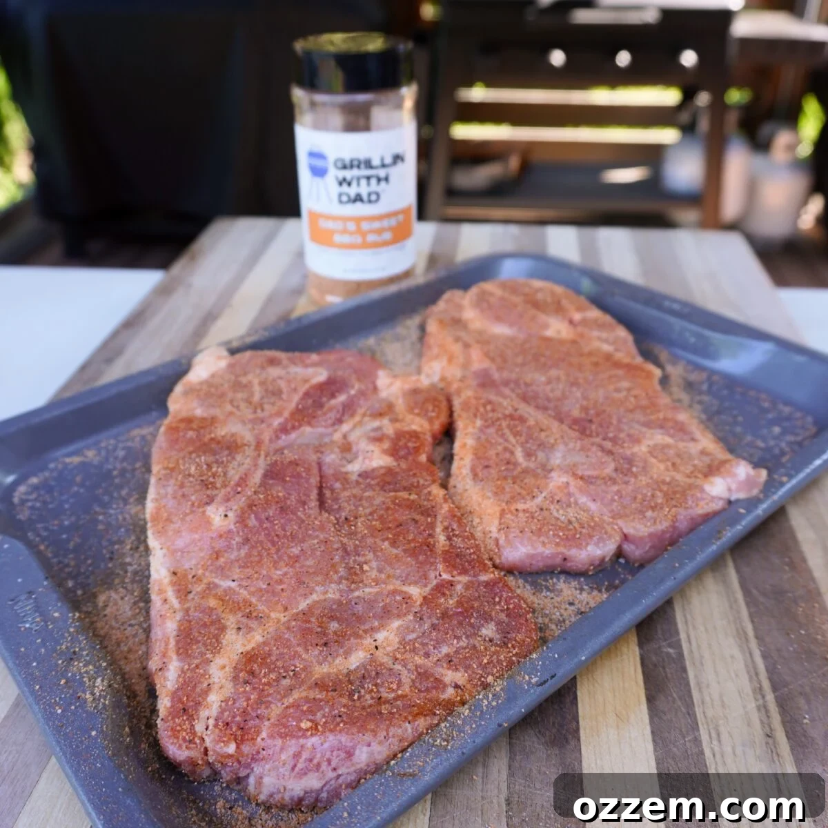 Seasoned pork steaks.