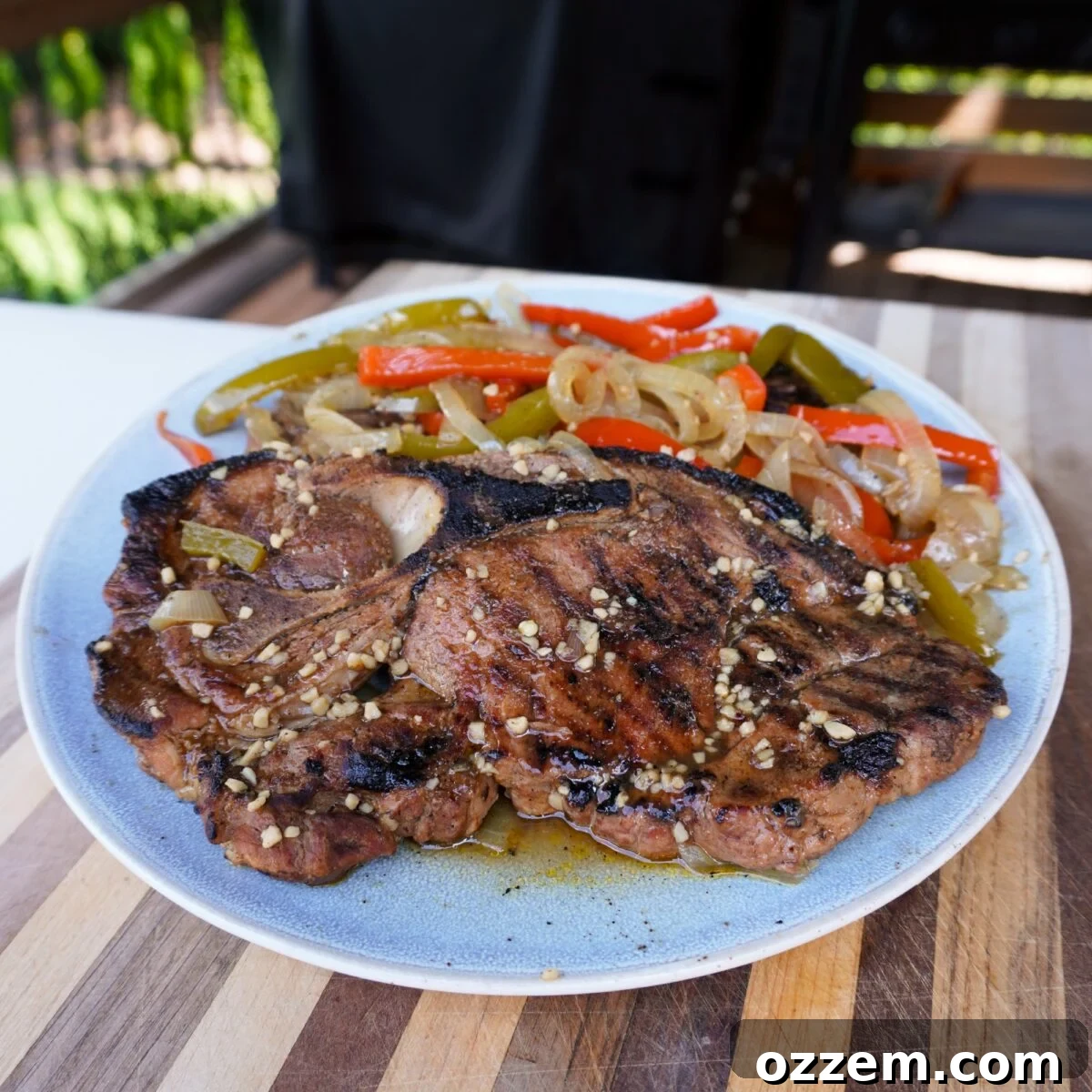 Grilled Savory Pork Steaks plated.