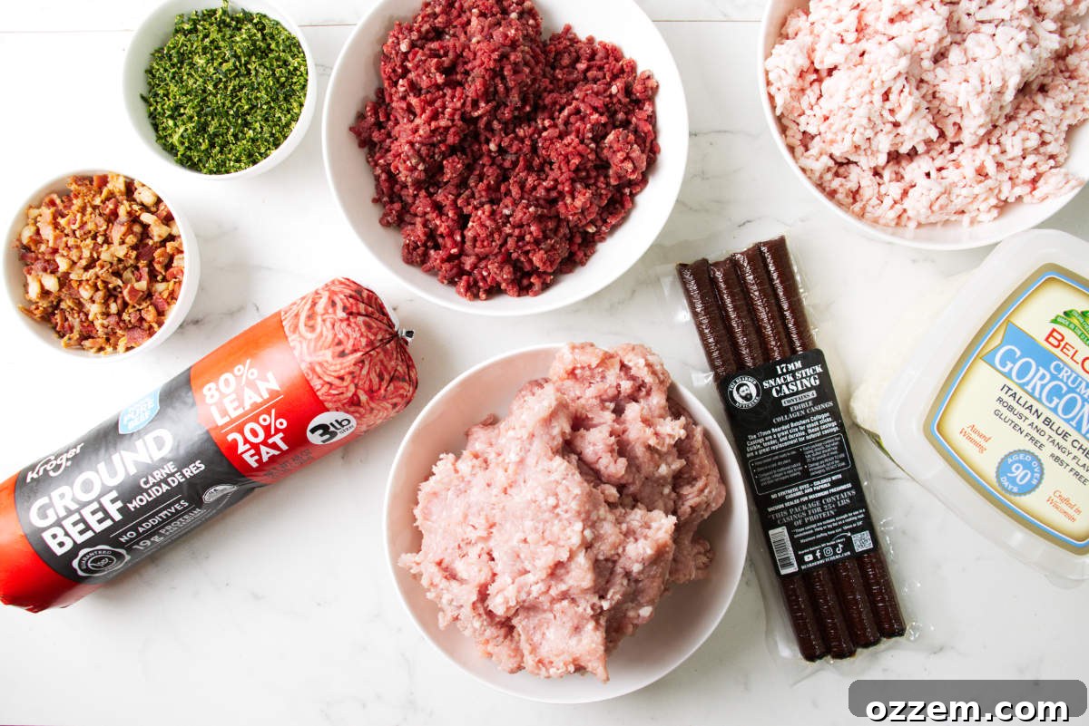 Ingredients for blue cheese bacon venison snack sticks.