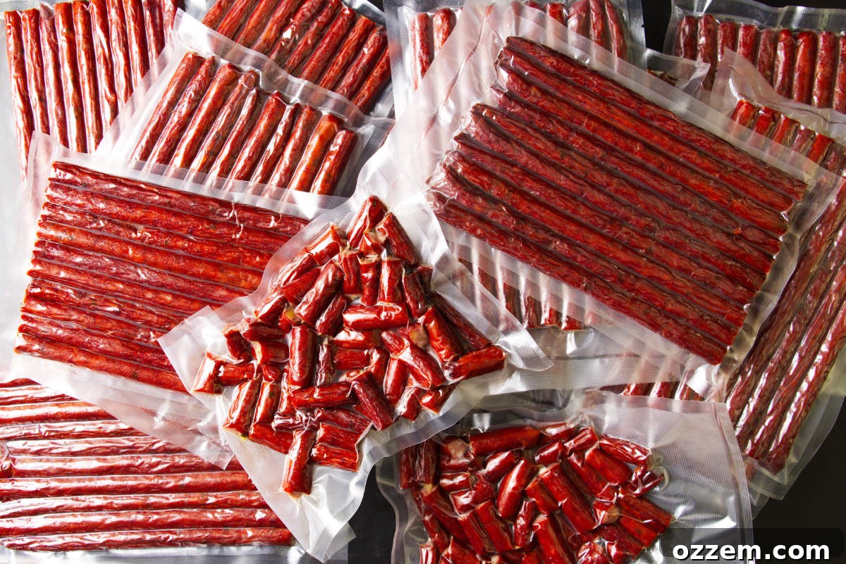 Blue cheese bacon venison snack sticks vacuum sealed for storage.