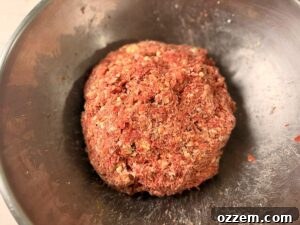 Mixing blue cheese bacon venison snack sticks meat in a stainless bowl.