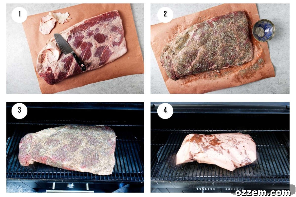 Four photos showing how to make smoked brisket on a pellet grill.