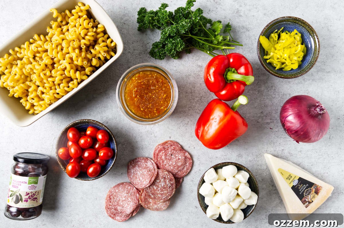 Ingredients used to make Italian pasta salad on the pellet grill.