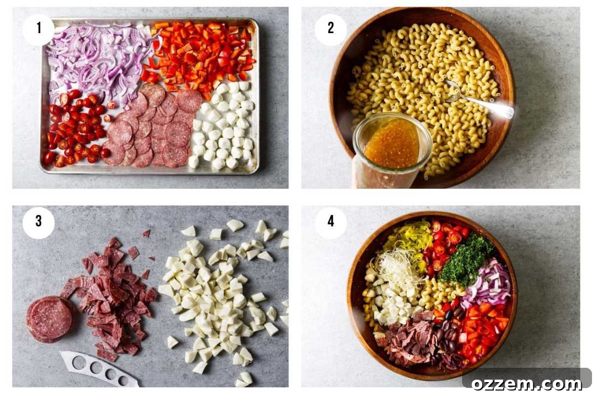 Four photos showing how to make smoked pasta salad.