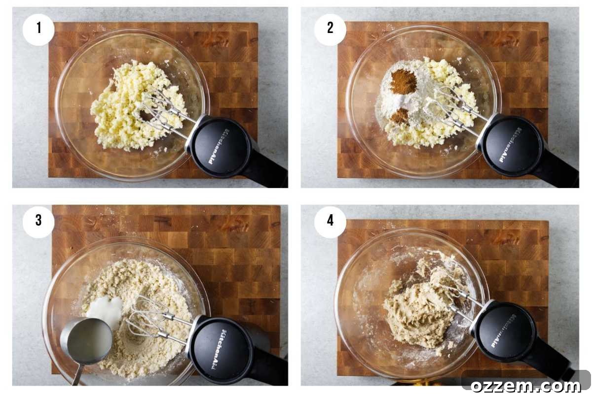 Four photos showing steps for how to make peach cobbler.