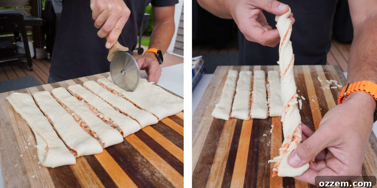 Homemade Cheesy Pizza Twist Sticks 6 Steps to show how to twist the pizza sticks.